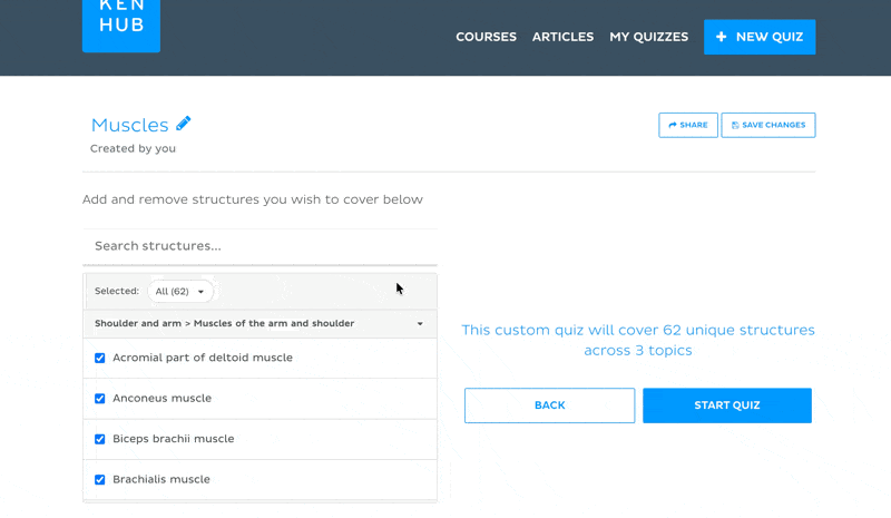 Custom Quiz structure selector