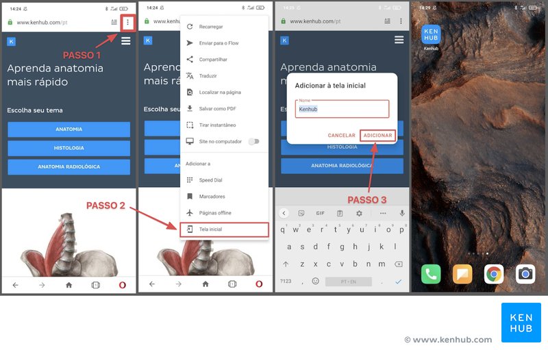Como instalar o aplicativo de internet do Kenhub na sua tela inicial através do Opera.