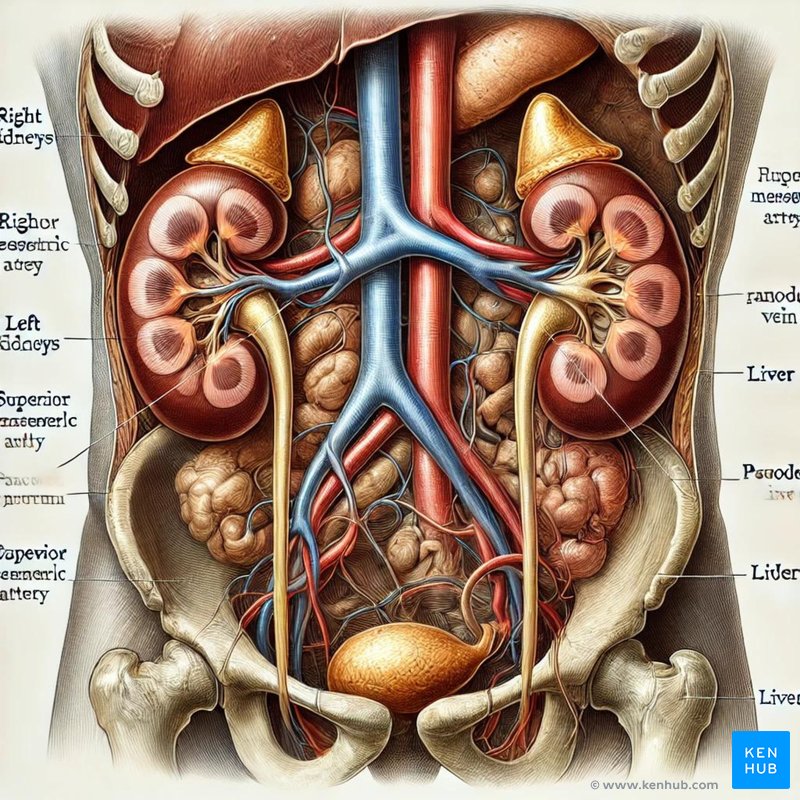 An AI-generated anatomical illustration showing an anterior view of the abdomen, with a clear focus on the kidneys, major arteries, and veins.