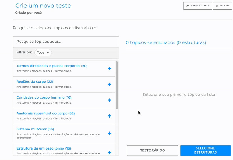 Criação de teste personalizado