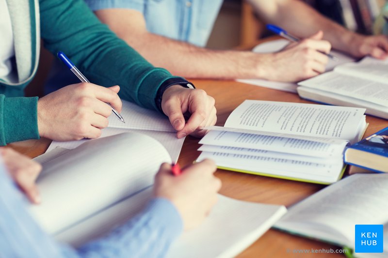 Students write in books