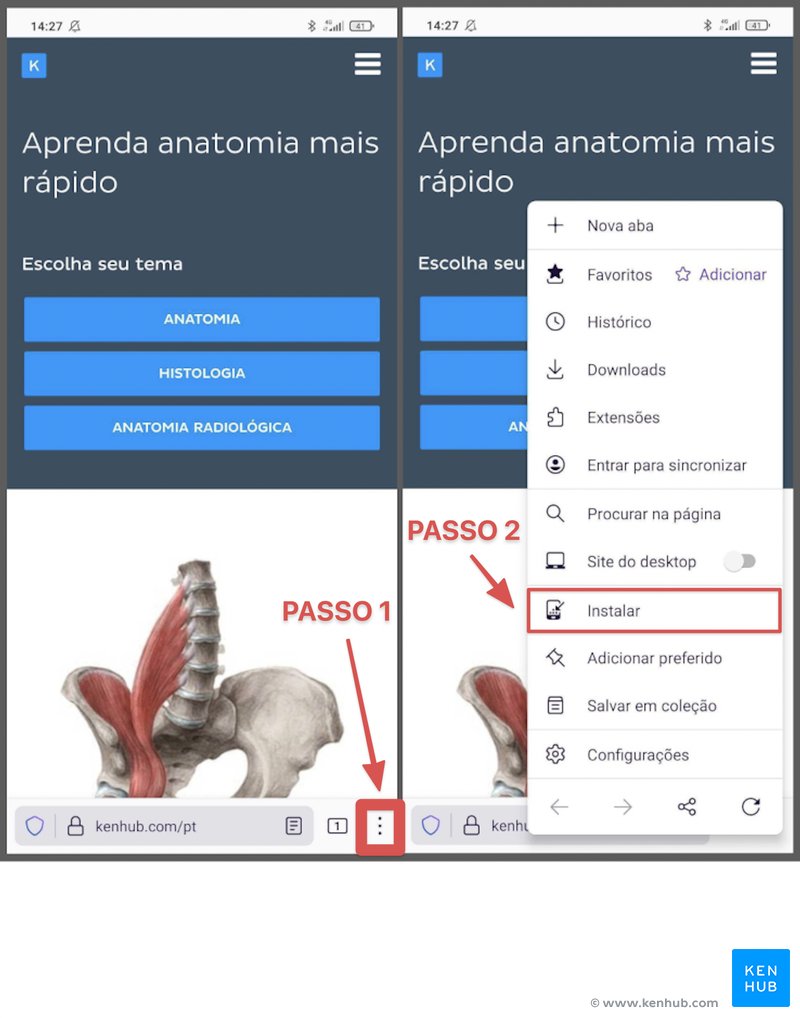 Como instalar o aplicativo de internet do Kenhub na sua tela inicial através do Firefox.