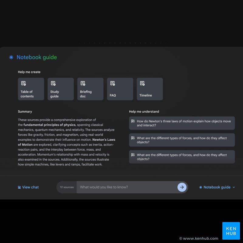 An image of the NotebookLM interface, showing the variety of features it's able to generate from notes.