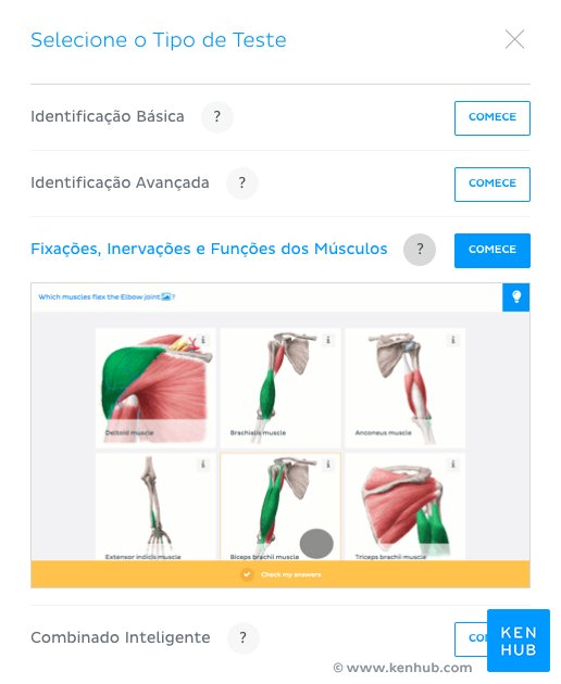 No Kenhub você pode criar testes específicos para as inserções, inervação e funções musculares