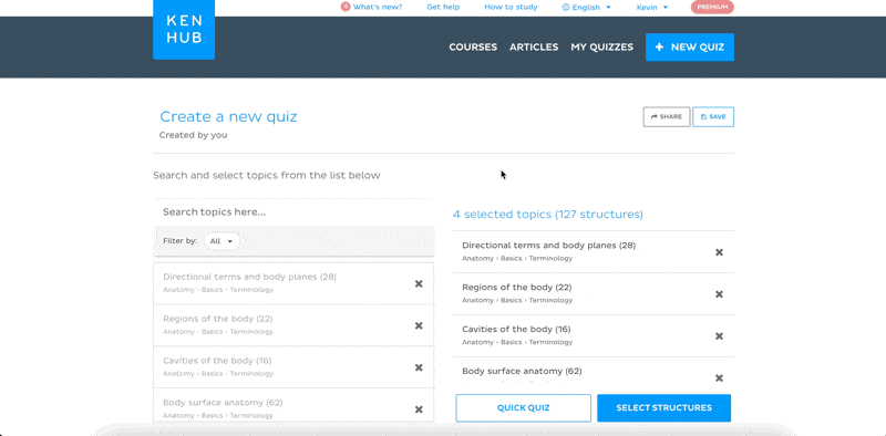 Save, delete and share custom quizzes