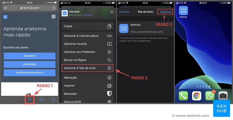 Como instalar o aplicativo de internet do Kenhub na sua tela inicial através do Safari.