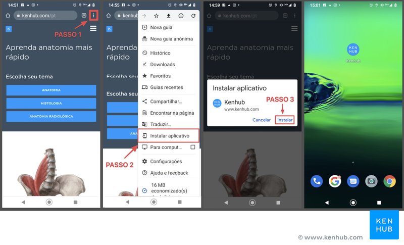 Como instalar o aplicativo de internet do Kenhub na sua tela inicial através do Google Chrome.